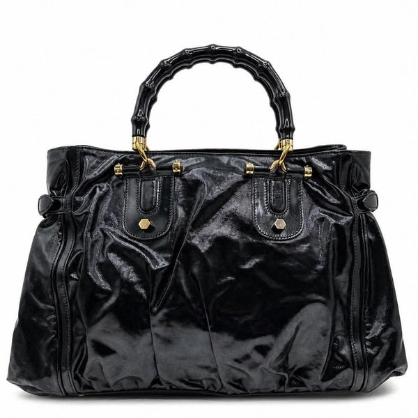Gucci Black Leather Pop Bamboo Handle Tote Bag (Pre-owned) 34GB9JV