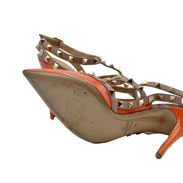 Valentino Garavani Calfskin Nappa Rockstud Ankle Strap 100mm Pumps 38 Orange Poudre (Pre-owned)