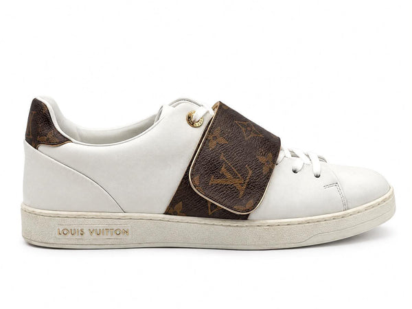 Louis Vuitton White/Brown Leather and Monogram Canvas Logo Strap Frontrow Sneakers (Pre-owned)
