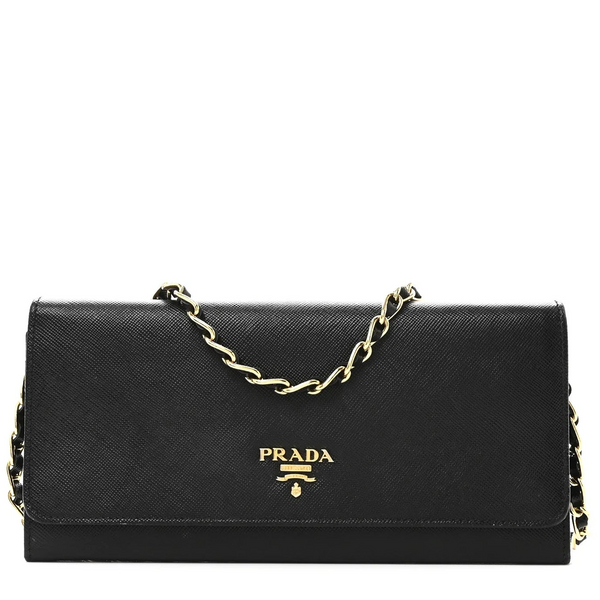 Prada Saffiano Metal Oro Chain Wallet Black Black (Pre-owned)