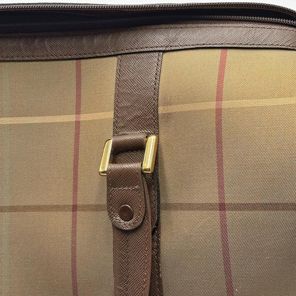 Burberry Check Boston Bag Travel Khaki Brown Canvas Leather (Pre-owned) T64W6QY