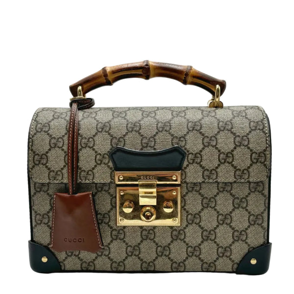Gucci GG Supreme Monogram Small Padlock Bamboo Shoulder Bag Beige Black Cuir (Like new) R24VDBT