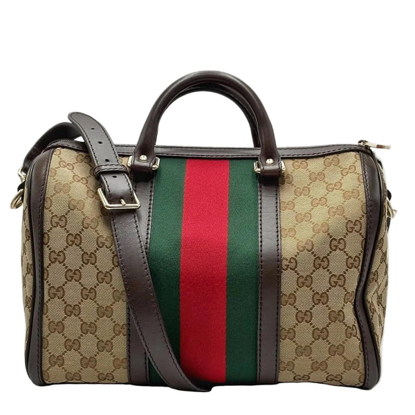 Gucci Beige/Ebony GG Canvas Vintage Web Medium Boston Bag W/ Shoulder Strap (Like new) KMH9DJ8
