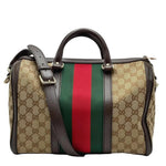 Load image into Gallery viewer, Gucci Beige/Ebony GG Canvas Vintage Web Medium Boston Bag W/ Shoulder Strap (Like new) KMH9DJ8
