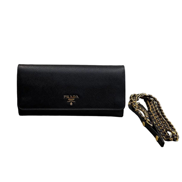 Prada Saffiano Metal Oro Chain Wallet Black Black (Pre-owned)