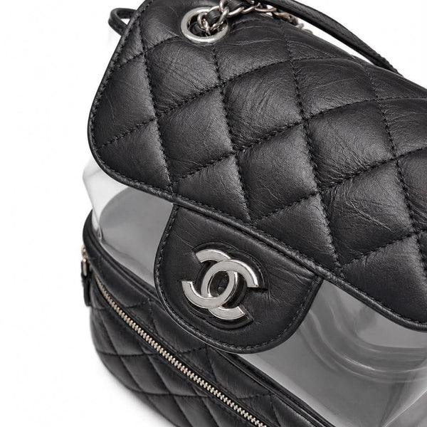Chanel Black Quilted Crumpled Leather & Transparent PVC Vanity Flap Backpack Bag