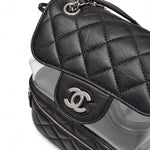 Load image into Gallery viewer, Chanel Black Quilted Crumpled Leather &amp; Transparent PVC Vanity Flap Backpack Bag
