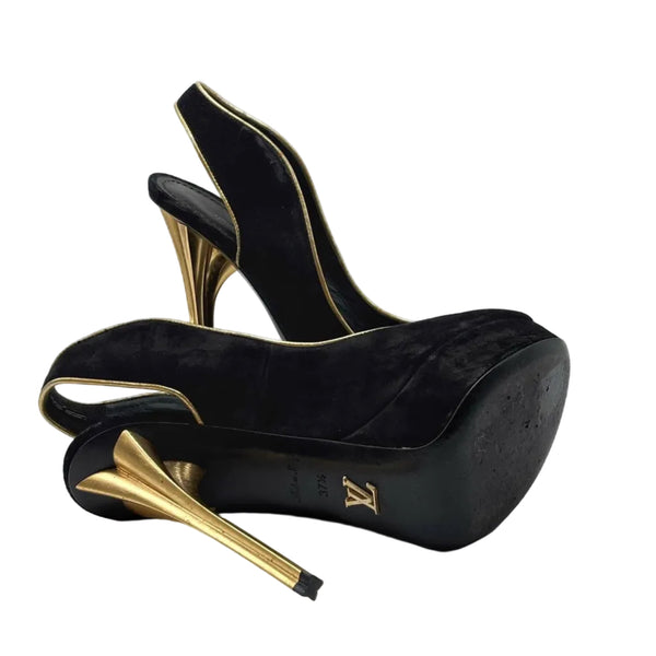 Louis Vuitton Slingback Heels in Black Suede With Gold Leather Trim And Metallic Gold Heel
