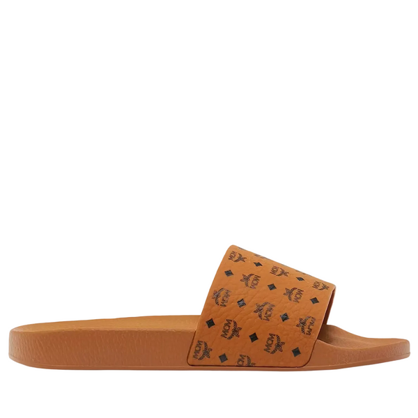 MCM Monogram Print Rubber Slides Cognac