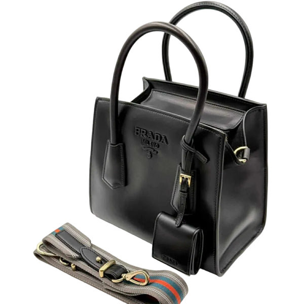 Prada Black Leather Tote Bag w/ Detachable Fabric Shoulder Strap (Like new)