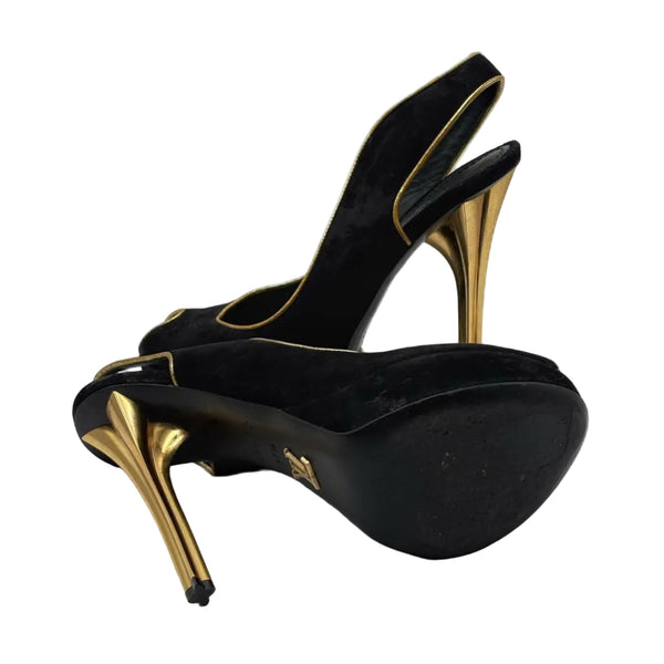 Louis Vuitton Slingback Heels in Black Suede With Gold Leather Trim And Metallic Gold Heel