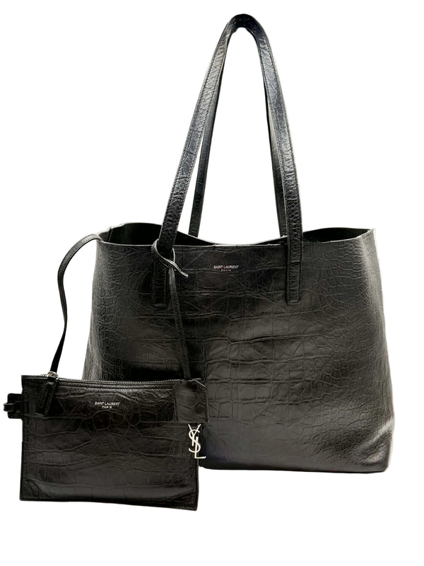 SAINT LAURENT Calfskin Crocodile Embossed Large Shopper Tote Black (Like new)