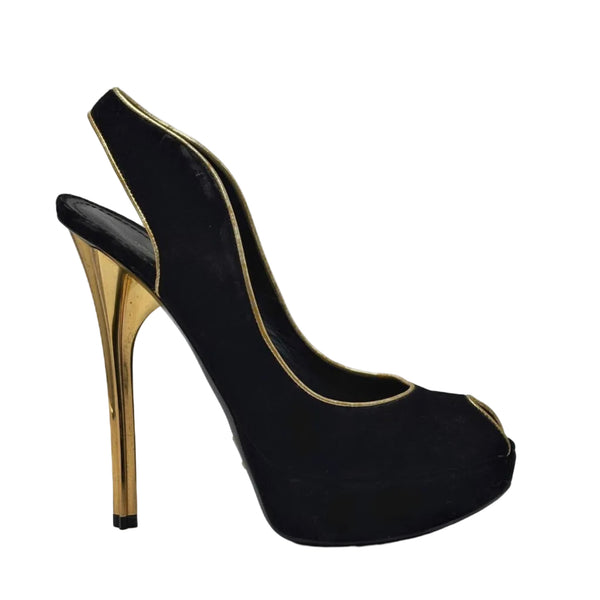 Louis Vuitton Slingback Heels in Black Suede With Gold Leather Trim And Metallic Gold Heel