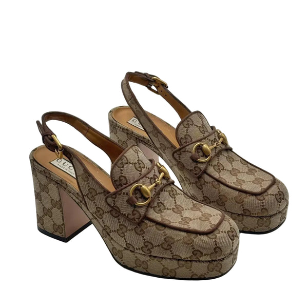 Gucci Monogram  Scamosciato Horsebit Platform Slingback Mules Beige Ebony New Acero (Fitted)