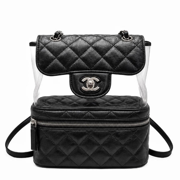 Chanel Black Quilted Crumpled Leather & Transparent PVC Vanity Flap Backpack Bag