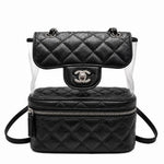 Load image into Gallery viewer, Chanel Black Quilted Crumpled Leather &amp; Transparent PVC Vanity Flap Backpack Bag
