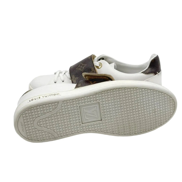 Louis Vuitton White/Brown Leather and Monogram Canvas Logo Strap Frontrow Sneakers (Pre-owned)