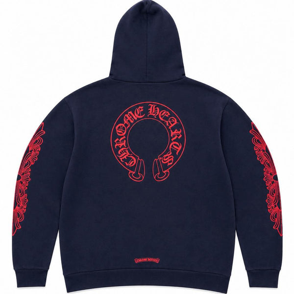 Chrome Hearts Red Horseshoe Logo Hoodie Navy