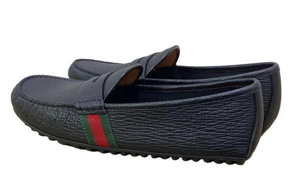 Gucci Men’s Black Leather Web Stripe Driver’s Loafers Black