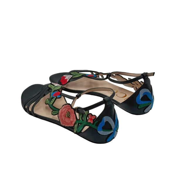 Gucci Black Leather Ophelia Floral-Embroidered Flat Sandals (Pre-owned)