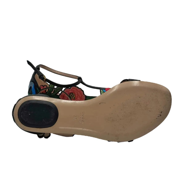 Gucci Black Leather Ophelia Floral-Embroidered Flat Sandals (Pre-owned)