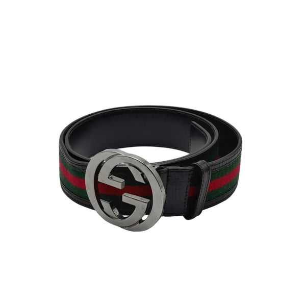 Gucci Black Leather and Web Canvas Interlocking G Buckle Belt (Pre-owned)