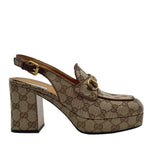 Load image into Gallery viewer, Gucci Monogram  Scamosciato Horsebit Platform Slingback Mules Beige Ebony New Acero (Fitted)
