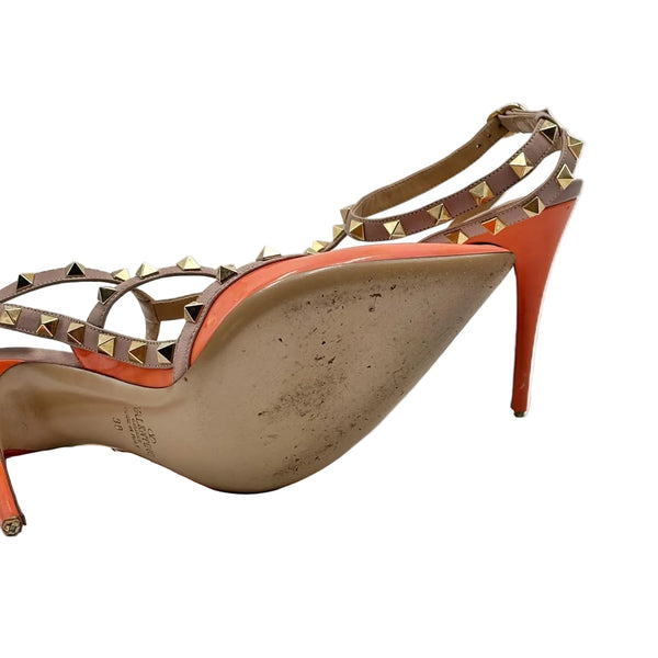 Valentino Garavani Calfskin Nappa Rockstud Ankle Strap 100mm Pumps 38 Orange Poudre (Pre-owned)