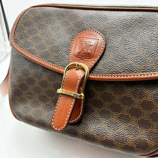 Celine Macadam Shoulder Bag in Brown Coated Canvas (Pre-owned)