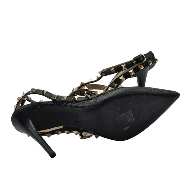 Valentino Garavani Pebbled Calfskin Rockstud Ankle Strap 100mm Pumps Black (Pre-owned)