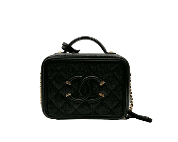 Chanel Filigree Vanity Case Quilted Caviar Gold-tone Small Black (Like new) RB37TXQ