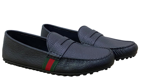 Gucci Men’s Black Leather Web Stripe Driver’s Loafers Black