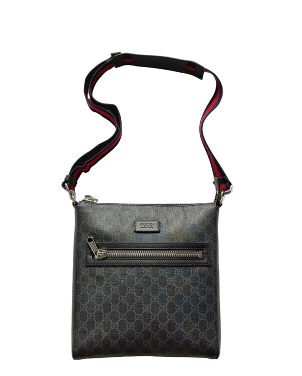 Gucci GG Supreme Monogram Appia Calfskin Web Flat Messenger Bag Black Grey (Like new) 78BGVJY