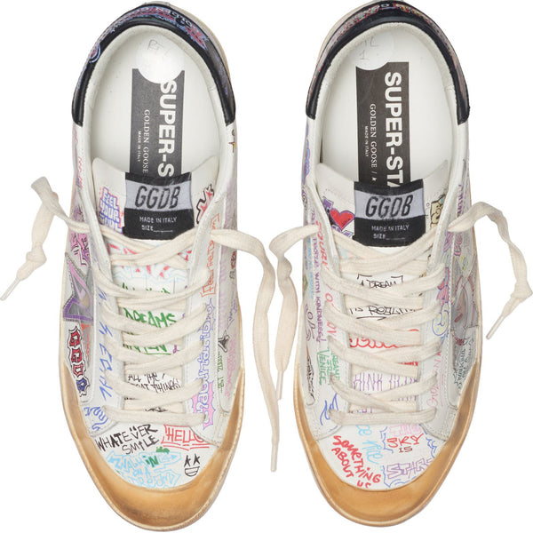 Golden Goose Men's Super-Star Graffiti-Print Leather White Silver Black