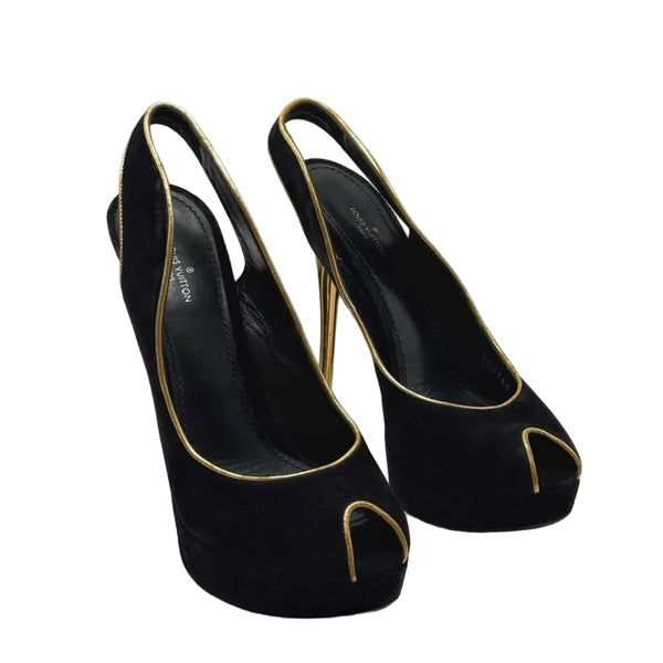 Louis Vuitton Slingback Heels in Black Suede With Gold Leather Trim And Metallic Gold Heel