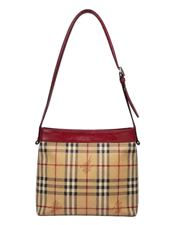 Burberry Brown Leather Haymarket Check Coated Canvas Shoulder Bag (Pre-owned)