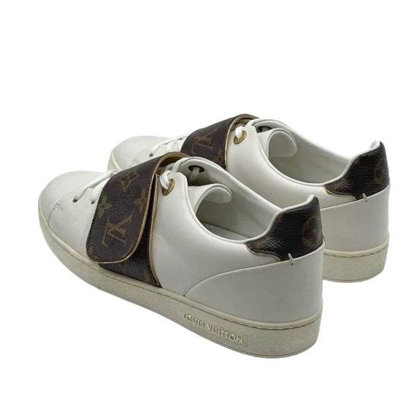 Louis Vuitton White/Brown Leather and Monogram Canvas Logo Strap Frontrow Sneakers (Pre-owned)