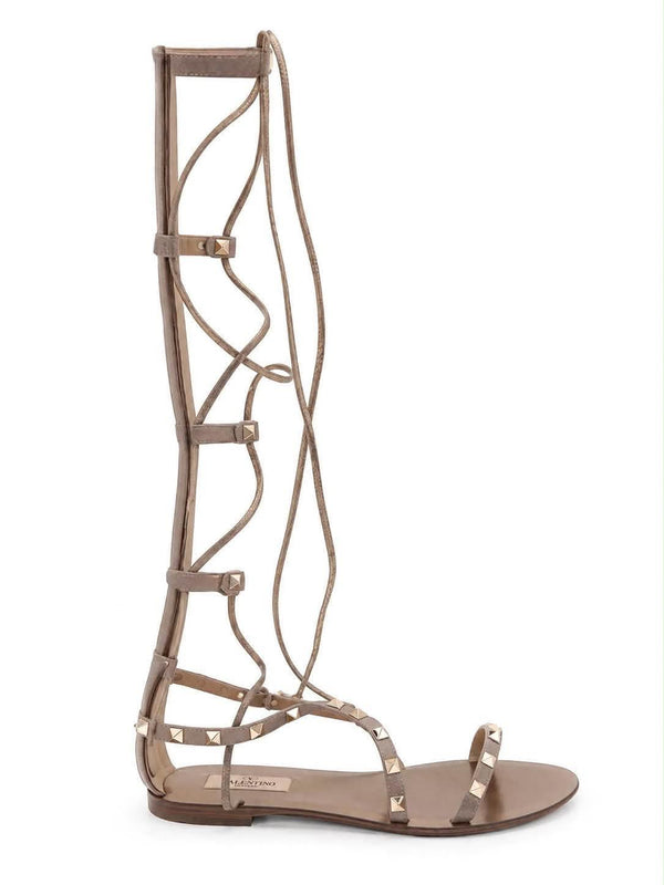 Valentino Beige Leather Knee- High Rockstud Gladiator (Pre-owned)