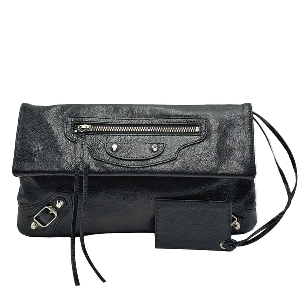 Balenciaga Black Lambskin Leather Giant 12 Silver Envelope Clutch Crossbody Bag W/ Strap (Like new) V4WHKY7