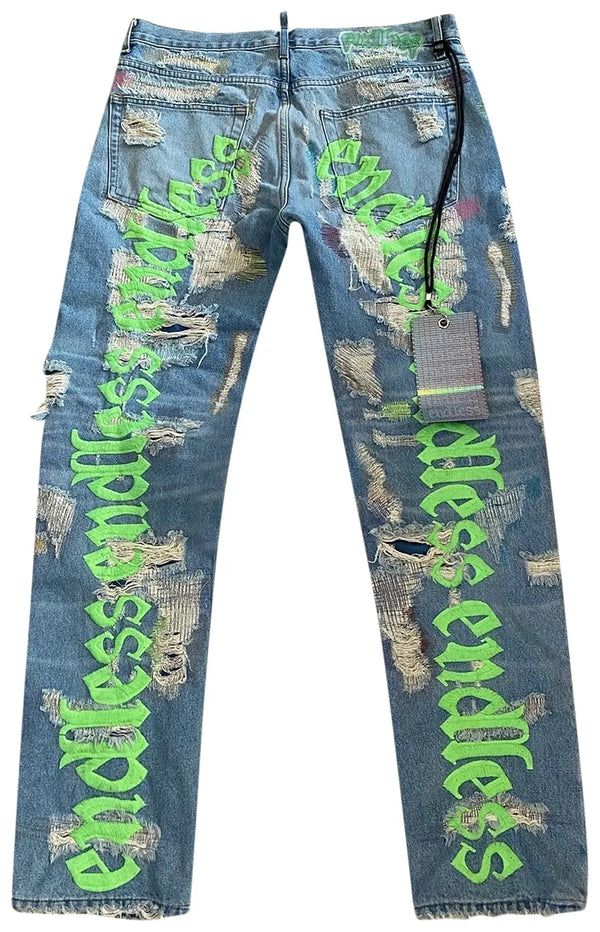 Vlone x Endless Embroidered and Distressed Denim Jeans Neon Green