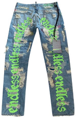 Load image into Gallery viewer, Vlone x Endless Embroidered and Distressed Denim Jeans Neon Green
