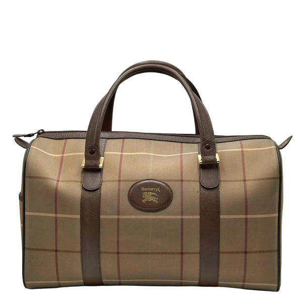 Burberry Check Boston Bag Travel Khaki Brown Canvas Leather (Pre-owned) T64W6QY