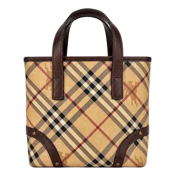 Burberry Nova Check Shadow Horse Handbag Tote Bag Brown Beige Leather (Pre-owned)