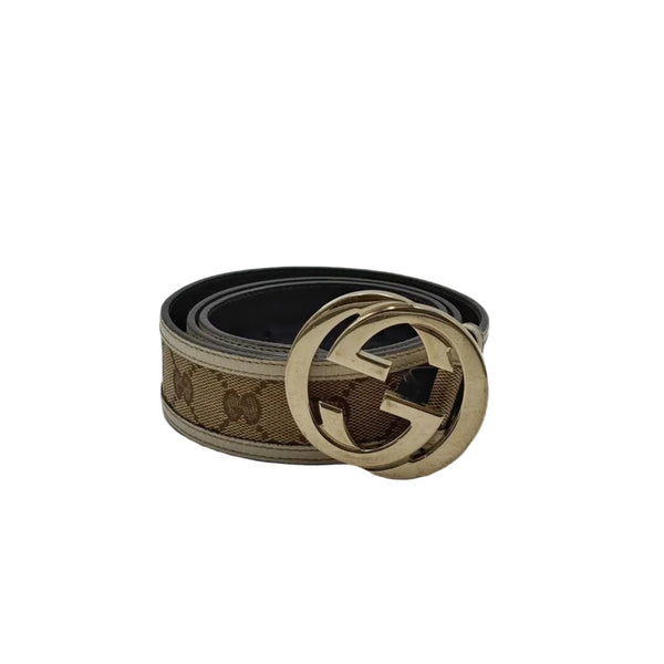 Gucci Khaki Fabric GG Plate Buckle Men's Belt (Pre-owned)