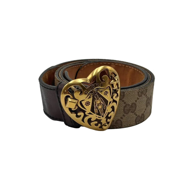 Gucci Brown/Beige GG Crystal Canvas and Leather Crest Buckle Belt (Pre-owned)