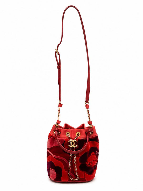 Chanel Velvet Camellia Drawstring Bucket Bag