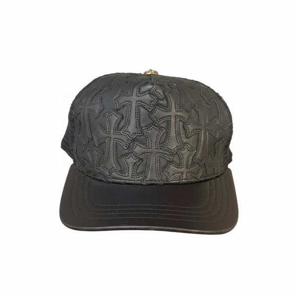 Chrome Hearts Cemetery Cross Leather Stitched Trucker Hat Black (Like new)