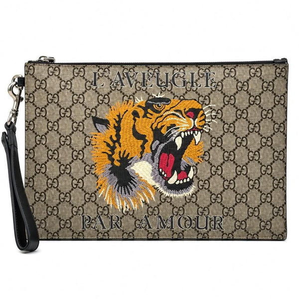 Gucci GG Supreme Monogram Tiger Zip Wristlet Pouch Beige (Pre-owned)