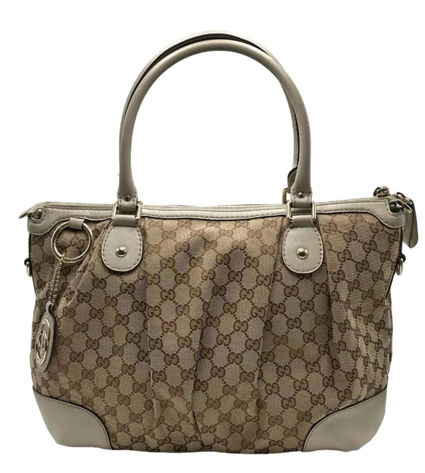 Gucci Brown GG Canvas Sukey Satchel White Beige Leather Cloth Pony-style calfskin Cloth (Pre-owned) 7K8RHJV