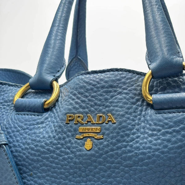 Prada Blue Vitello Daino Leather Large Shopping Tote Bag (Pre-owned) H44RRJ2